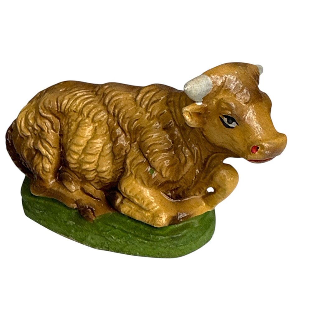 Vintage Nativity Ox Paper Mache Composite 4" Figurine Italy Laying Animal